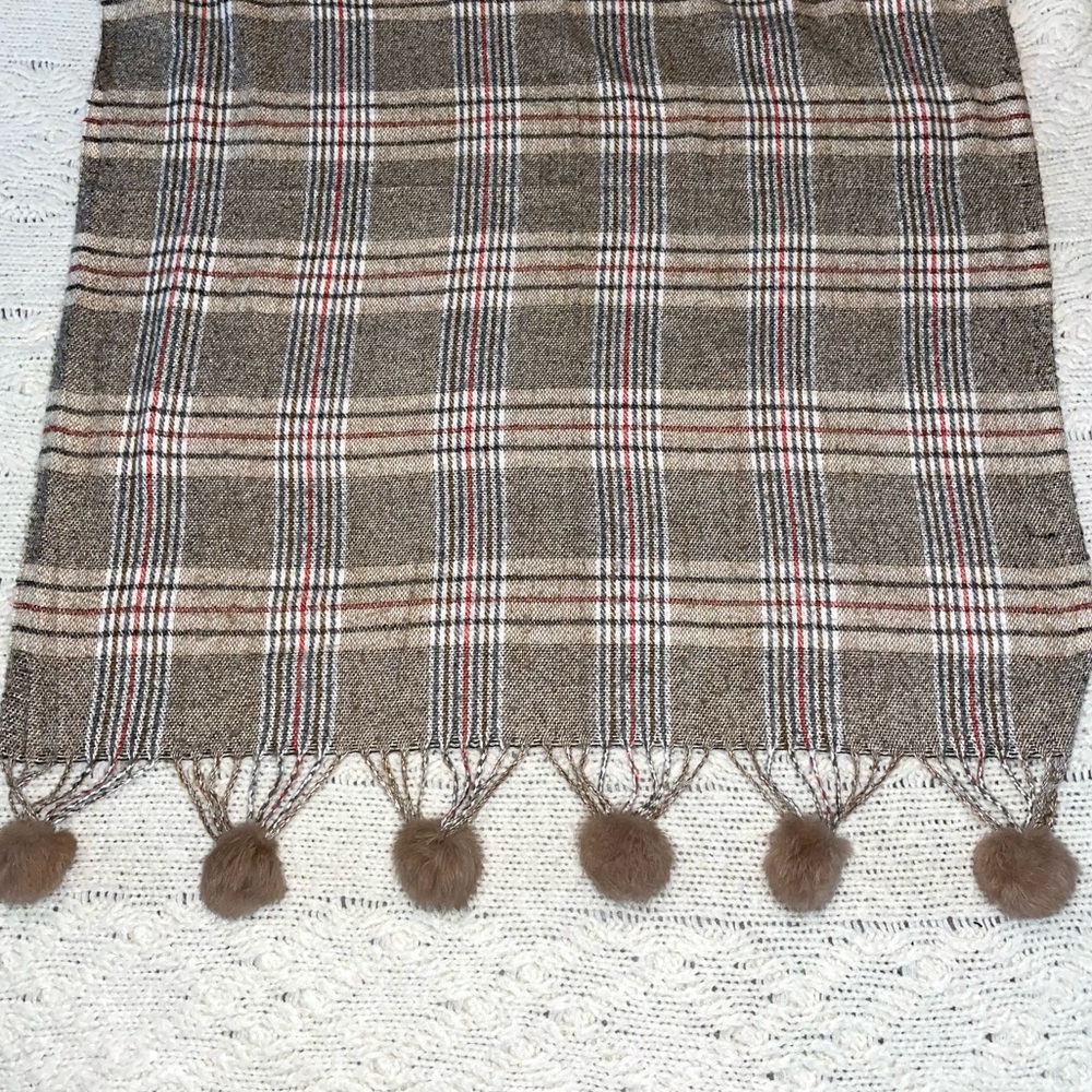 Cashmere Scarf with Fur Pom Poms Brown Plaid Women's S Brand